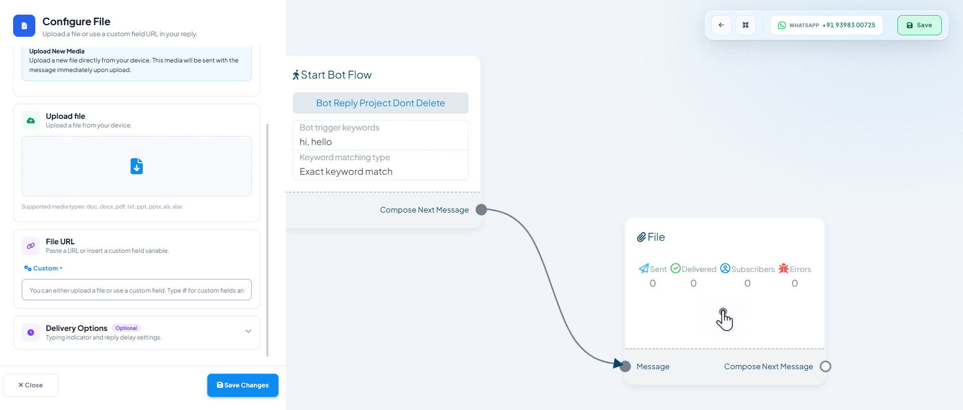 Configure File panel with an Upload file dropzone, a File URL field, and Delivery Options