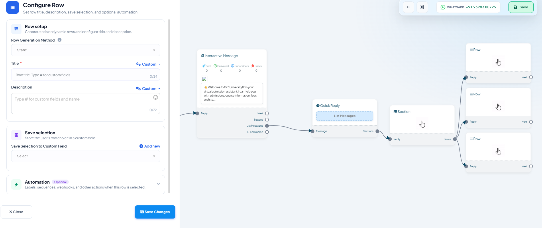 Button action dropdown open, showing Send Message highlighted alongside Select, Start a Flow, and System Default Action Button