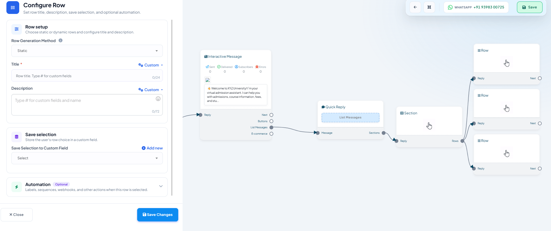 Button action dropdown open, showing Send Message highlighted alongside Select, Start a Flow, and System Default Action Button