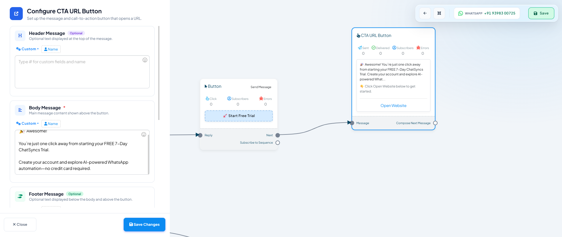 Configure CTA URL Button panel with Header Message, Body Message, and Footer Message fields, next to the canvas node showing the button text and Open Website link