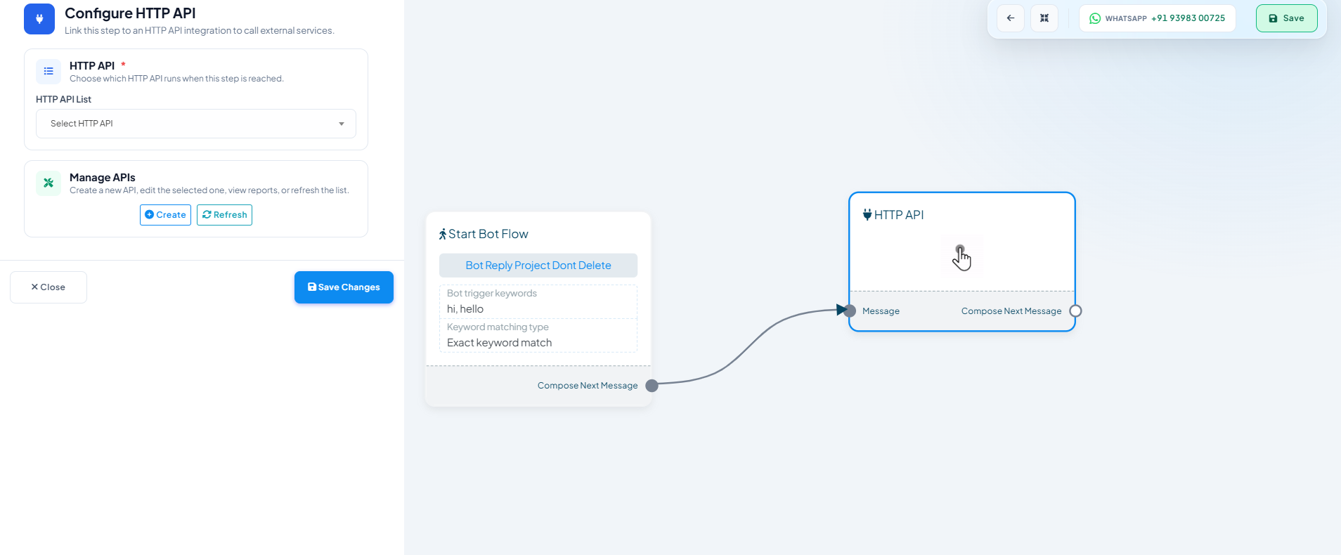 Configure HTTP API panel with an HTTP API List dropdown to choose which API runs at this step, and Create/Refresh buttons under Manage APIs