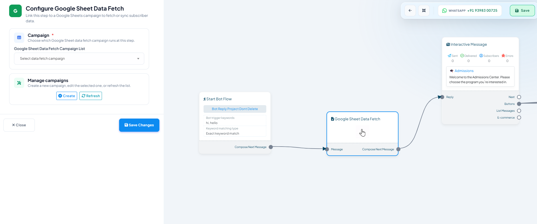 Configure Google Sheet Data Fetch panel with a Campaign dropdown to choose which data fetch campaign runs at this step, and Create/Refresh buttons under Manage campaigns
