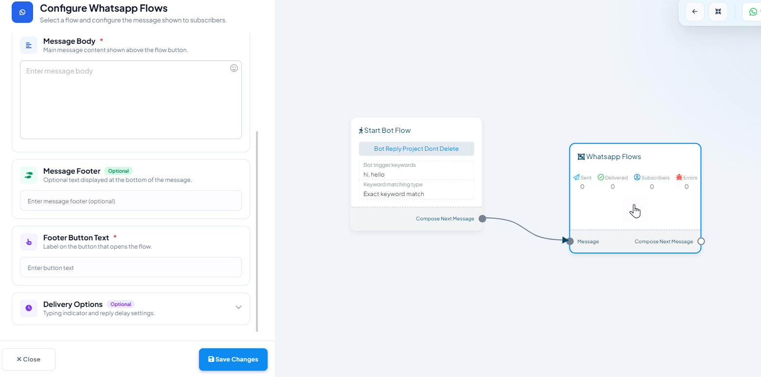 Configure Whatsapp Flows panel with Message Body, Message Footer, and Footer Button Text fields