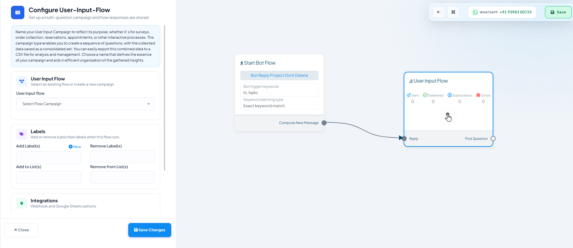 Configure User-Input-Flow panel with a User input flow campaign dropdown, and Labels and Integrations sections for the flow's Automation