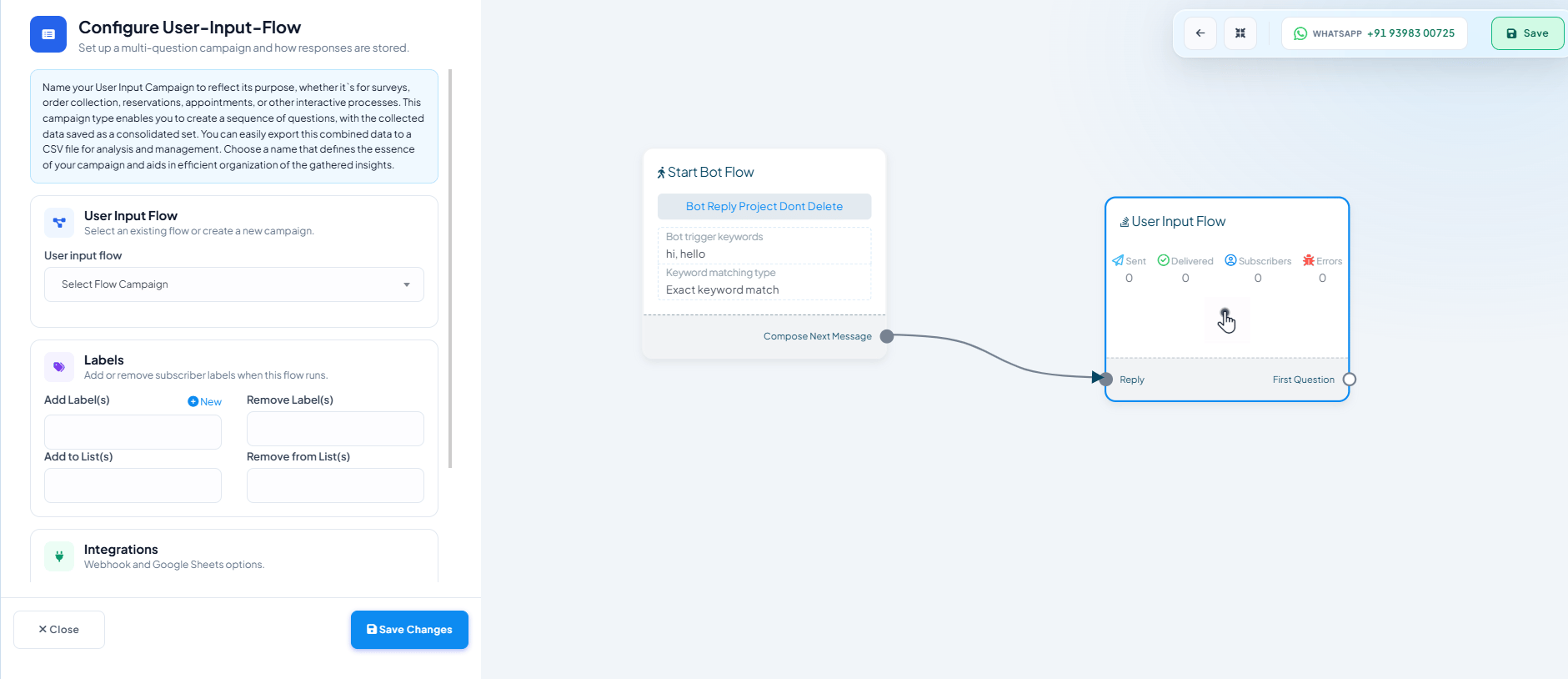 Configure User-Input-Flow panel with a User input flow campaign dropdown, and Labels and Integrations sections for the flow's Automation