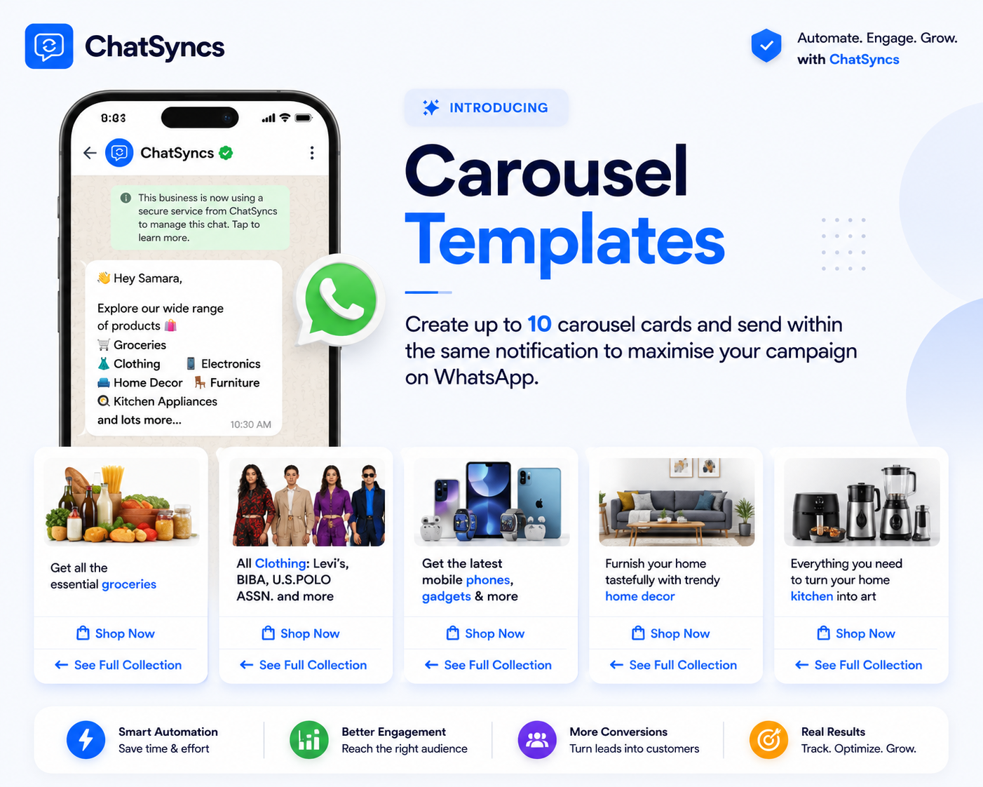 ChatSyncs Carousel Templates — create up to 10 carousel cards and send within the same notification to maximise your campaign on WhatsApp