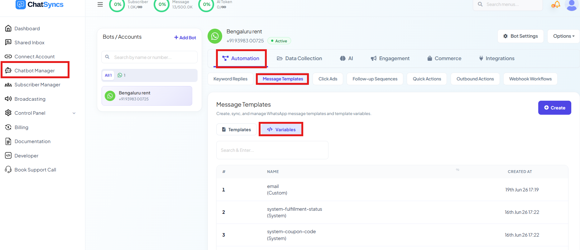 Message Templates page with the Variables tab selected, listing existing variables — email (Custom), system-fulfillment-status (System), system-coupon-code (System) — and a Create button