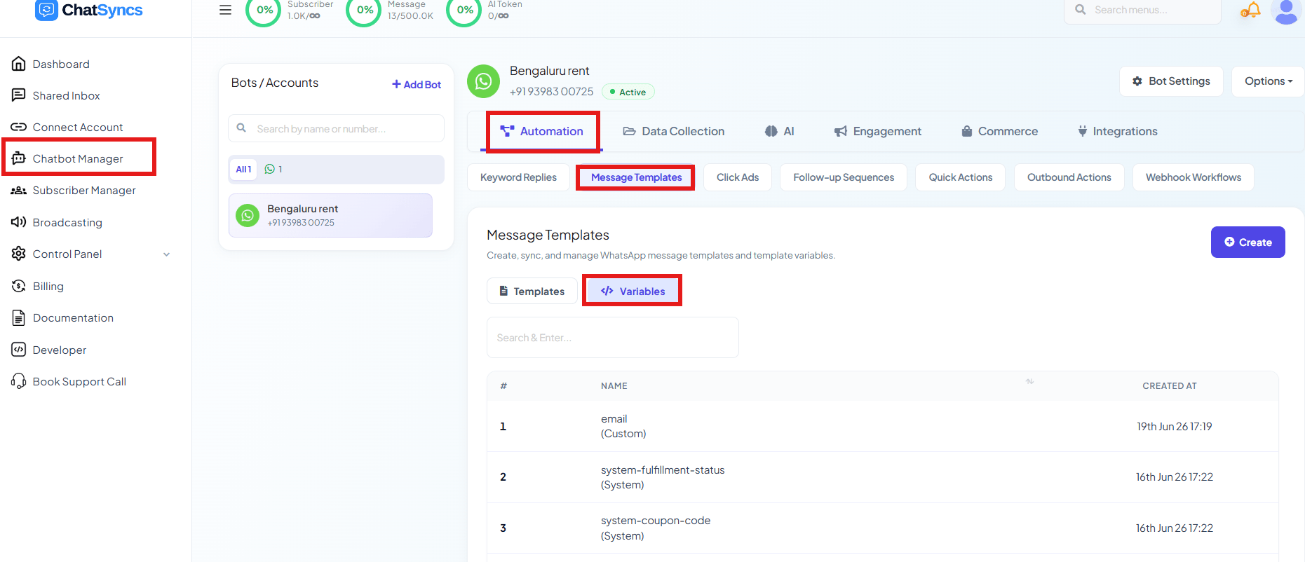 Message Templates page with the Variables tab selected, listing existing variables — email (Custom), system-fulfillment-status (System), system-coupon-code (System) — and a Create button