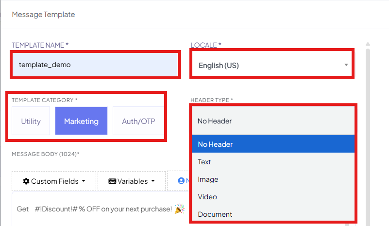 Template Category toggle with Utility, Marketing, and Auth/OTP options, and Header Type dropdown expanded showing No Header, Text, Image, Video, and Document