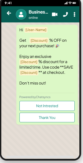 WhatsApp live preview showing the message with Discount and User-Name placeholders filled in, the footer Powered by Chatsyncs, and two Quick Reply buttons: Not Intrested and Thank You