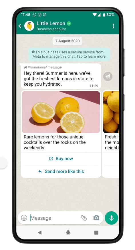 A real WhatsApp conversation showing a carousel message with a promotional text bubble, a swipeable card with a product image, caption, a Buy Now button, and a Send more like this quick reply