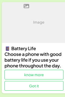 Live preview of one carousel card with an Image placeholder, Battery Life header and body text, and two buttons: know more and Got it