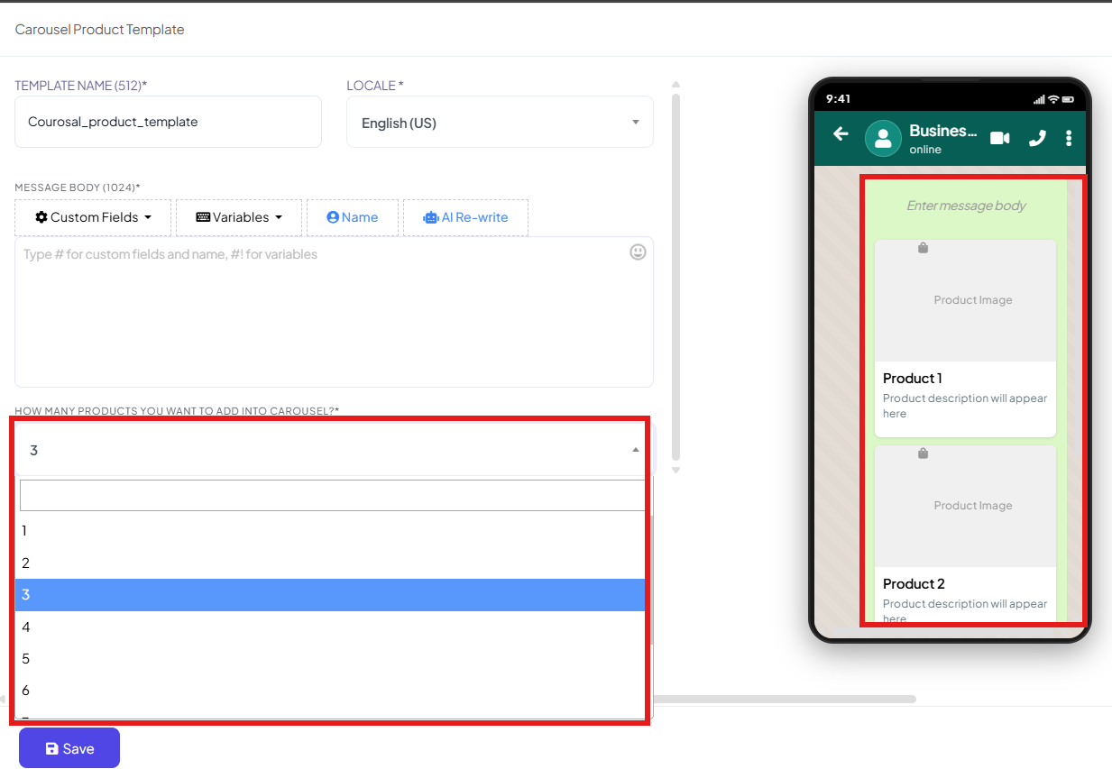 How many products you want to add into carousel dropdown open, showing options 1 through 7 with 3 selected