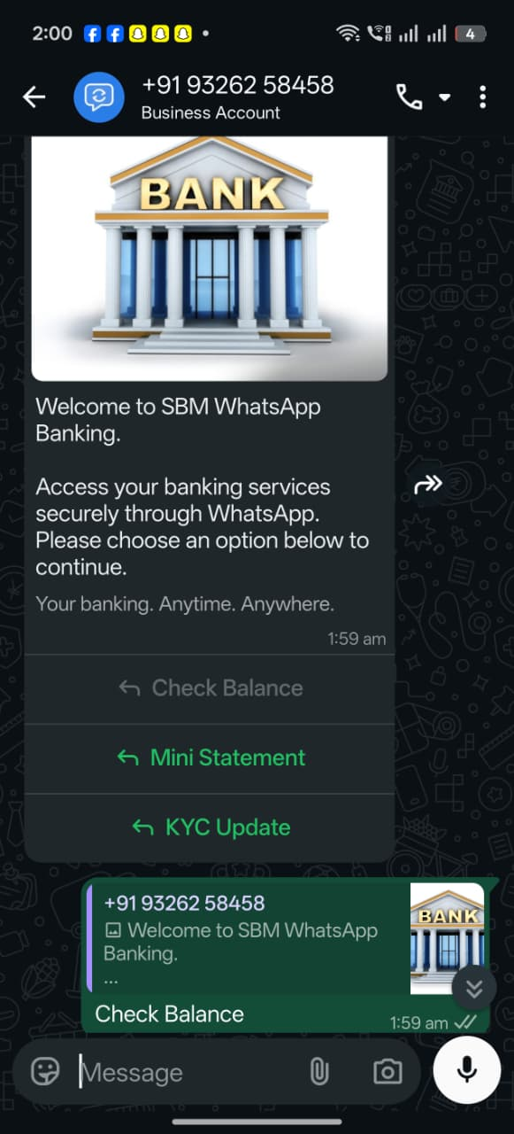 A real WhatsApp conversation with SBM WhatsApp Banking showing the welcome message with header image and three Reply Buttons: Check Balance, Mini Statement, and KYC Update, with Check Balance already tapped