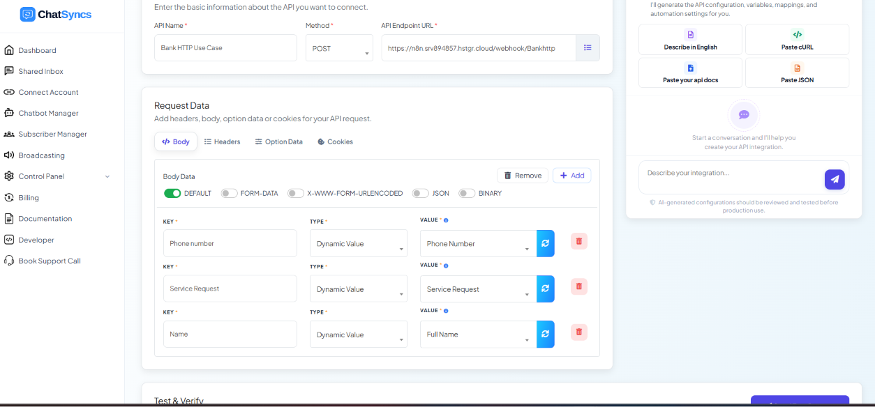 ChatSyncs HTTP API configuration screen for Bank HTTP Use Case, method POST, endpoint URL pointing to an n8n webhook, with Body Data set to Default format and three dynamic-value rows: Phone number, Service Request, and Name