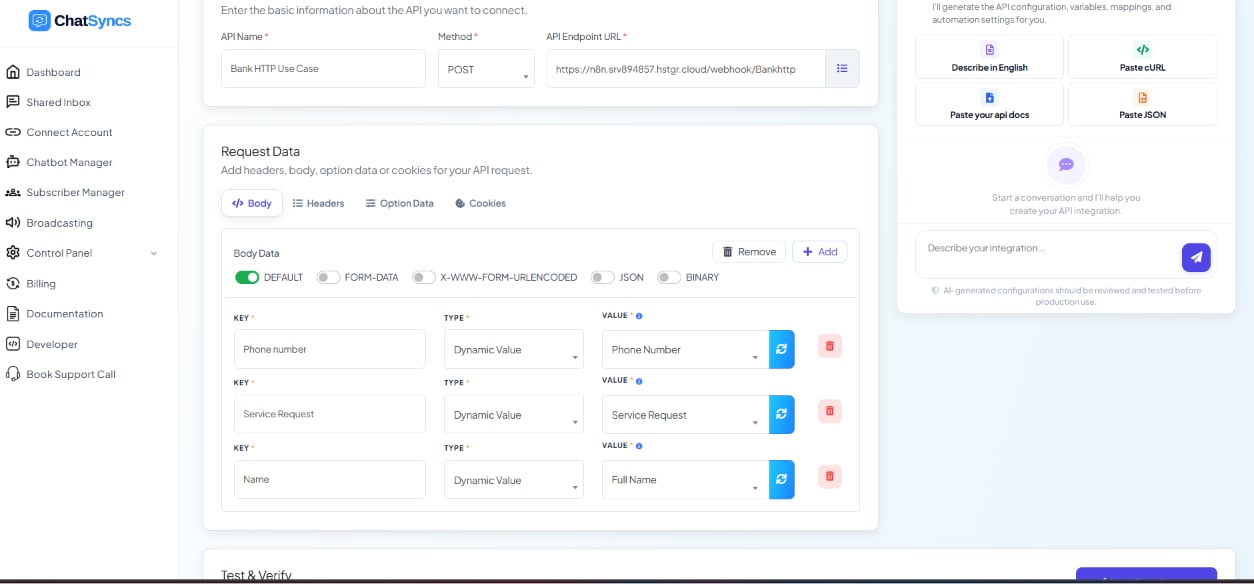 ChatSyncs HTTP API configuration screen for Bank HTTP Use Case, method POST, endpoint URL pointing to an n8n webhook, with Body Data set to Default format and three dynamic-value rows: Phone number, Service Request, and Name