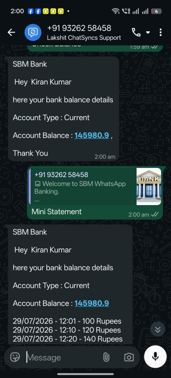 A real WhatsApp conversation showing SBM Bank's replies to Check Balance and Mini Statement, including the account type and balance for both, plus three dated transaction lines for the Mini Statement reply