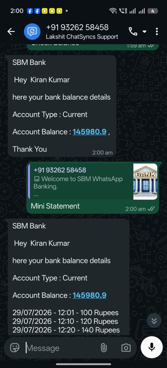 A real WhatsApp conversation showing SBM Bank's replies to Check Balance and Mini Statement, including the account type and balance for both, plus three dated transaction lines for the Mini Statement reply