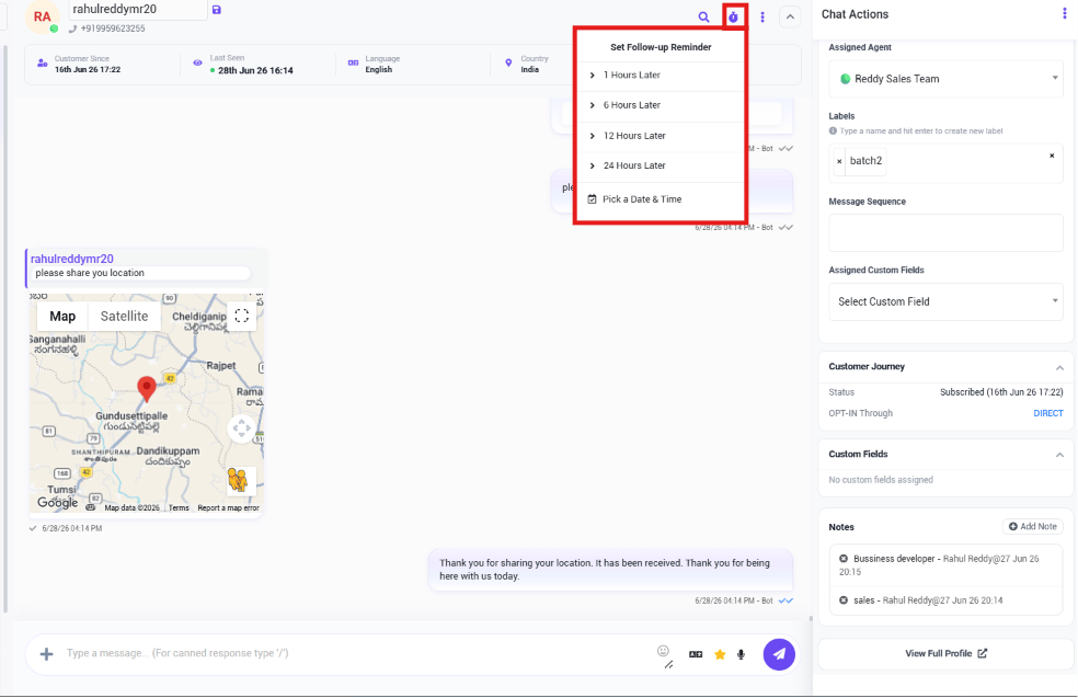 Set Follow-up Reminder dropdown with options 1 Hours Later, 6 Hours Later, 12 Hours Later, 24 Hours Later, and Pick a Date & Time