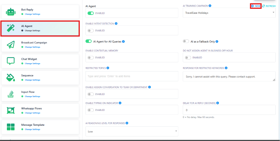 Chatbot Manager AI Agent panel with the TravelEase Holidays AI Training Campaign selected