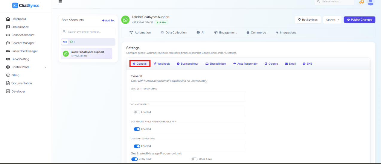 General settings tab with Chat with Human Email, No Match Reply, and Get Started Message fields