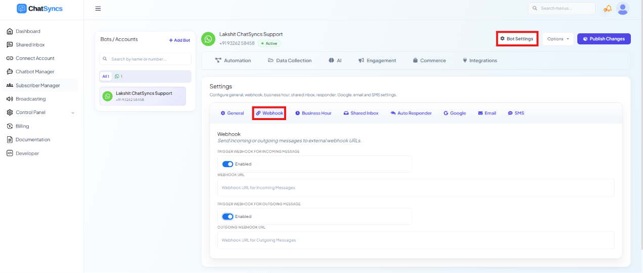 Webhook tab with Trigger Webhook for Incoming Message toggle and URL field, and Trigger Webhook for Outgoing Message toggle and URL field, both on the same screen