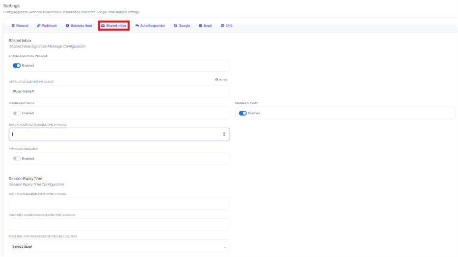 Shared Inbox settings tab with Enable Signature Message toggle and Session Expiry Time fields
