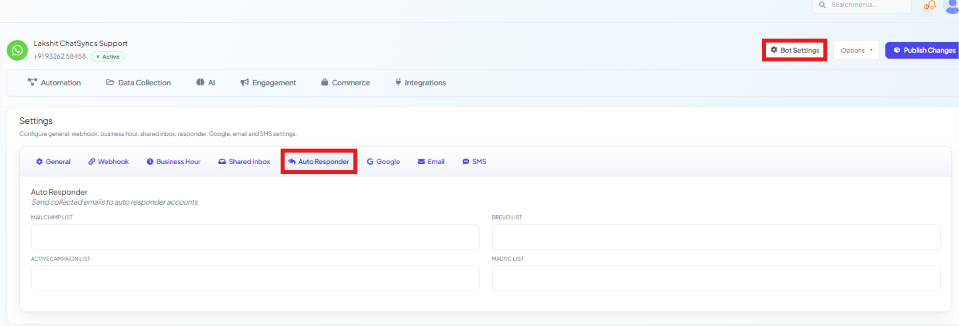 Auto Responder tab with Mailchimp, Brevo, ActiveCampaign, and Mautic list fields