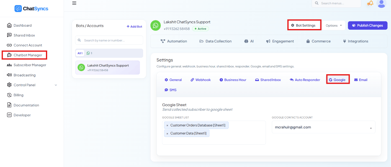 Google settings tab with Google Sheet List and Google Contacts Account fields