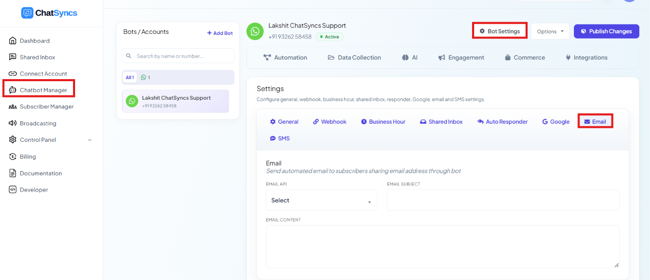 Email settings tab with Email API, Email Subject, and Email Content fields