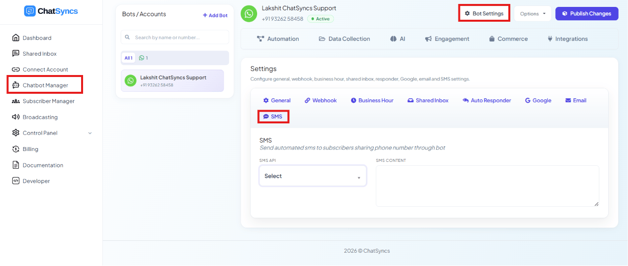 SMS settings tab with SMS API and SMS Content fields