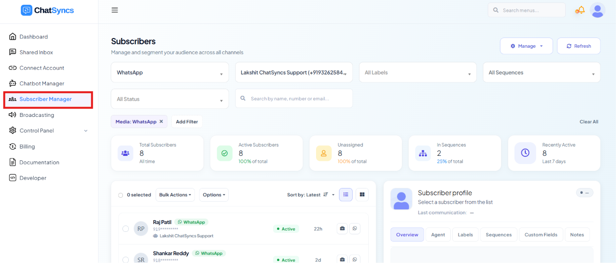 ChatSyncs left navigation with Subscriber Manager selected, showing subscriber count tiles, a subscriber list with filters for bot, label, status, and sequence, and a subscriber profile panel