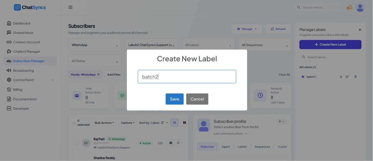 Create New Label modal with a Label Name text field and Save/Cancel buttons