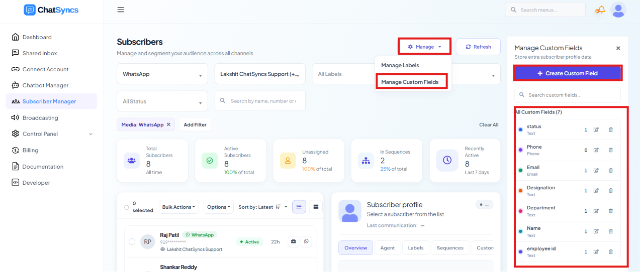 Manage Custom Fields panel with a Create Custom Field button and a list of fields including status, Phone, Email, Designation, Department, Name, and employee id, each showing its type