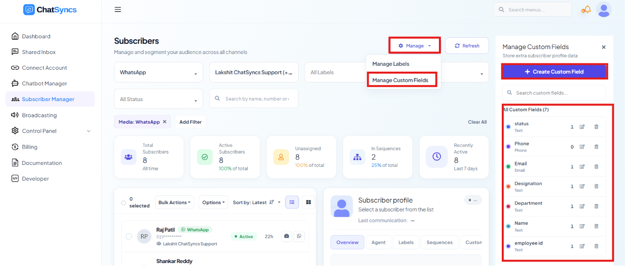 Manage Custom Fields panel with a Create Custom Field button and a list of fields including status, Phone, Email, Designation, Department, Name, and employee id, each showing its type