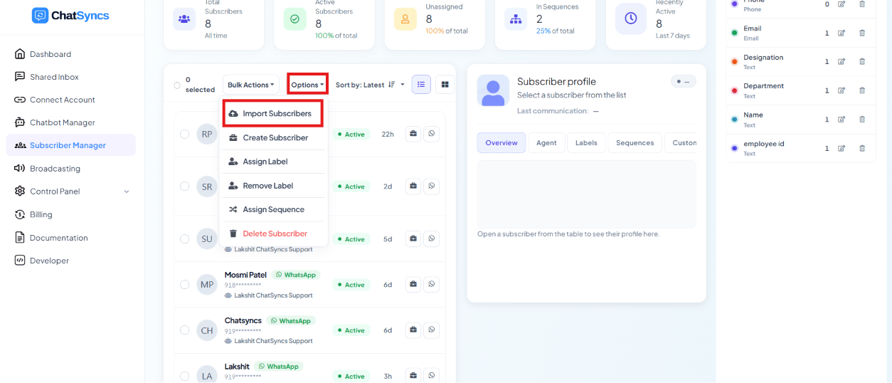 Options dropdown showing Import Subscribers, Create Subscriber, Assign Label, Remove Label, Assign Sequence, and Delete Subscriber, with Import Subscribers highlighted