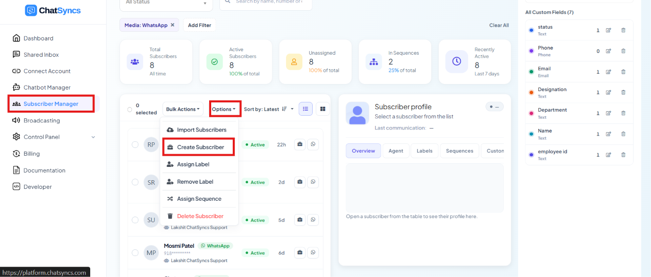 Options dropdown with Create Subscriber highlighted