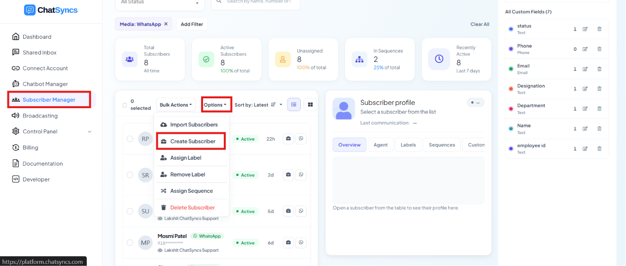 Options dropdown with Create Subscriber highlighted
