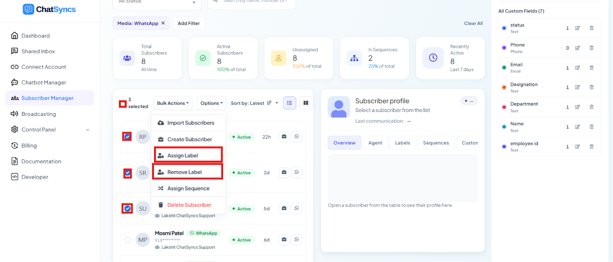 Subscriber list with checkboxes selected and Assign Label, Remove Label highlighted in the Options dropdown