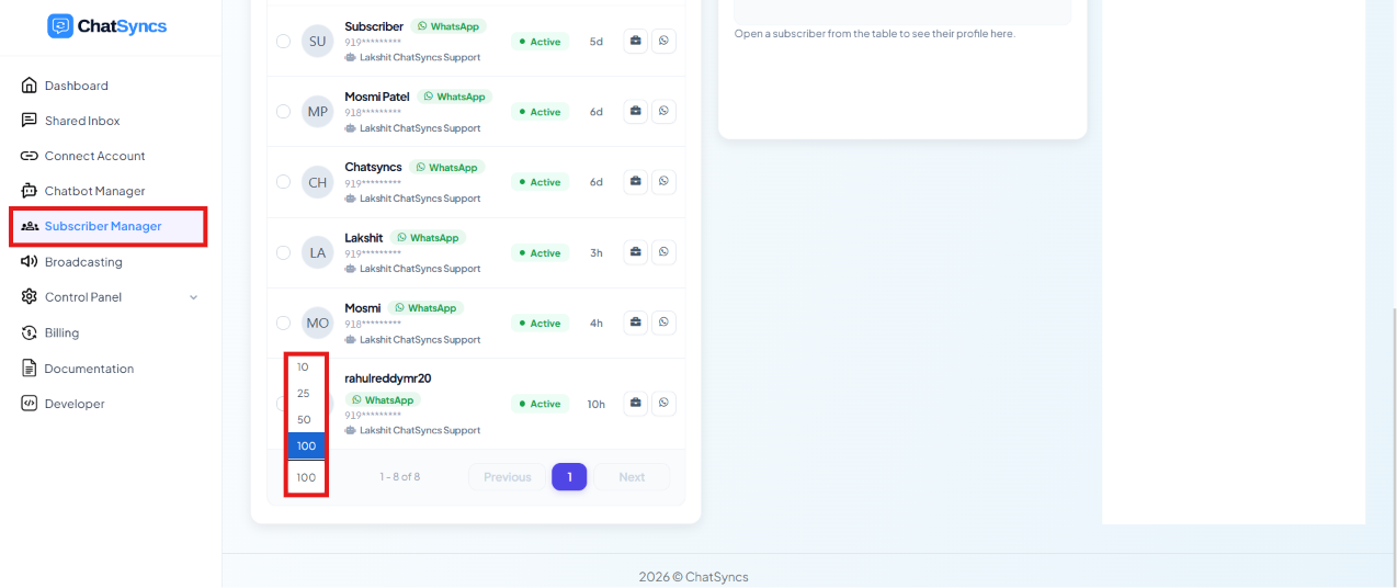 Subscriber list pagination control with page size dropdown open, showing options 10, 25, 50, 100, 200
