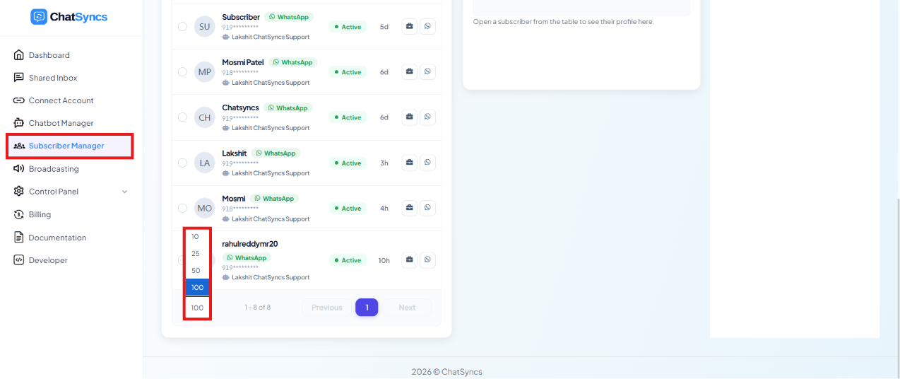 Subscriber list pagination control with page size dropdown open, showing options 10, 25, 50, 100, 200