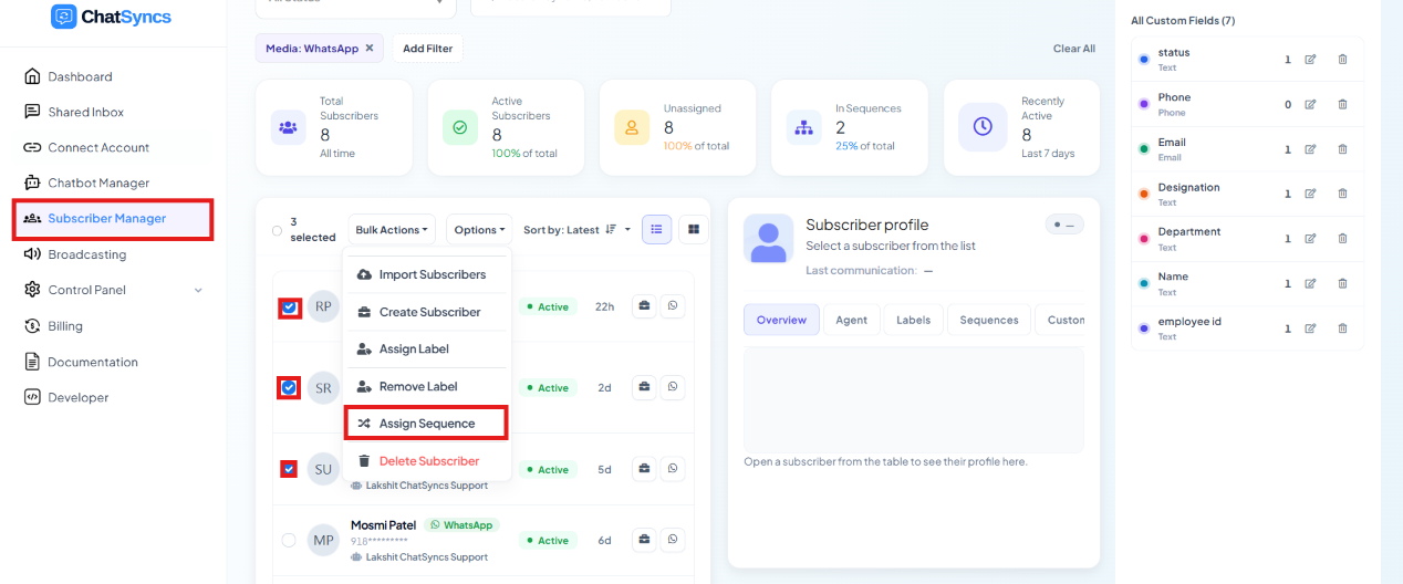 Subscriber list with checkboxes selected and Assign Sequence highlighted in the Options dropdown