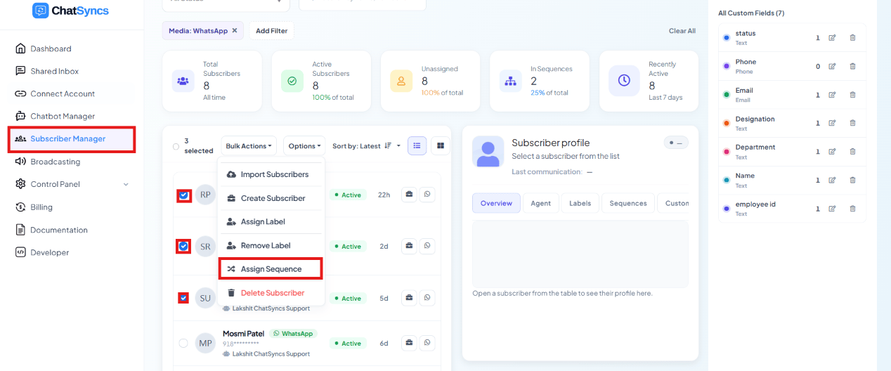 Subscriber list with checkboxes selected and Assign Sequence highlighted in the Options dropdown