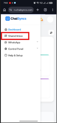 ChatSyncs mobile sidebar drawer with Dashboard, Shared Inbox, WhatsApp, Control Panel, and Help and Setup