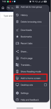 Chrome browser menu with Add to Home screen option highlighted