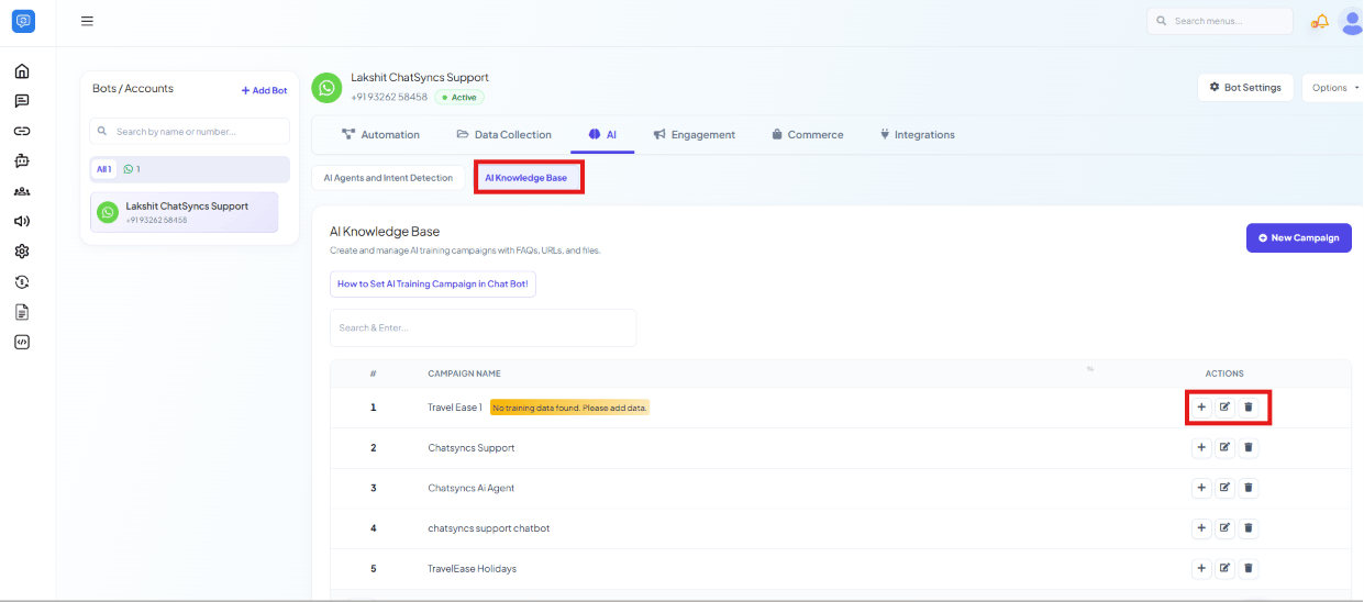 AI Knowledge Base list showing several training campaigns, one flagged No training data found. Please add data, with its add-content action icon highlighted