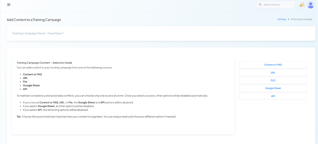 Add Content to a Training Campaign panel with the Content or FAQ tab active and a free-text box for training content