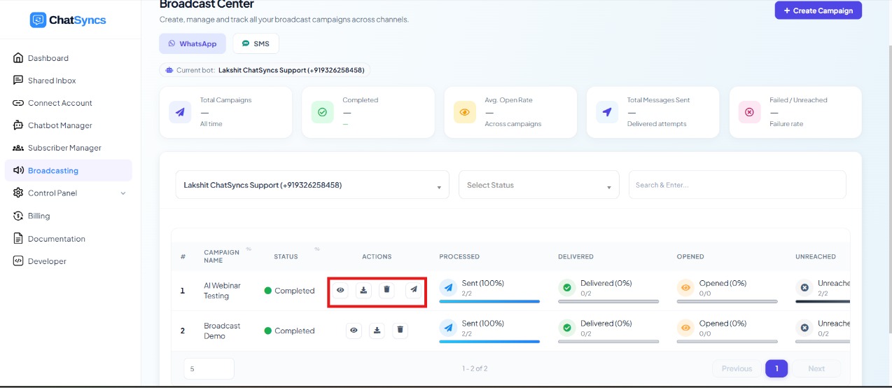 Broadcast Center campaign row with its action icons highlighted: view report, download report, delete, and resend