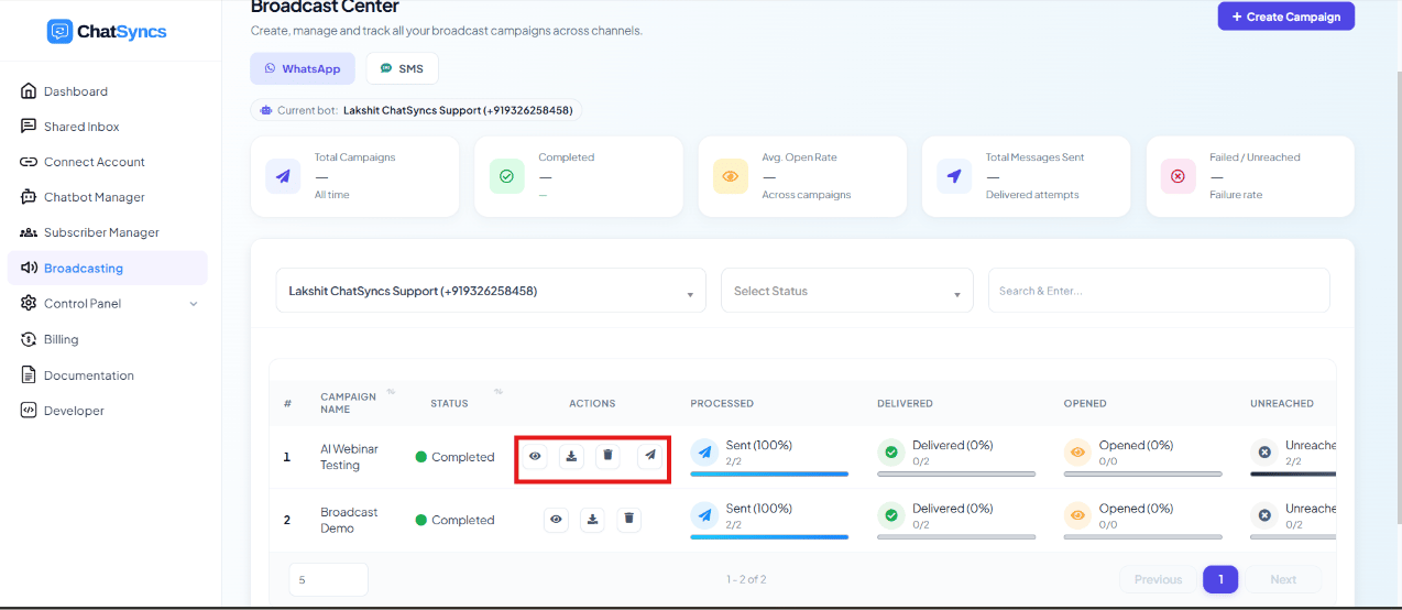 Broadcast Center campaign row with its action icons highlighted: view report, download report, delete, and resend
