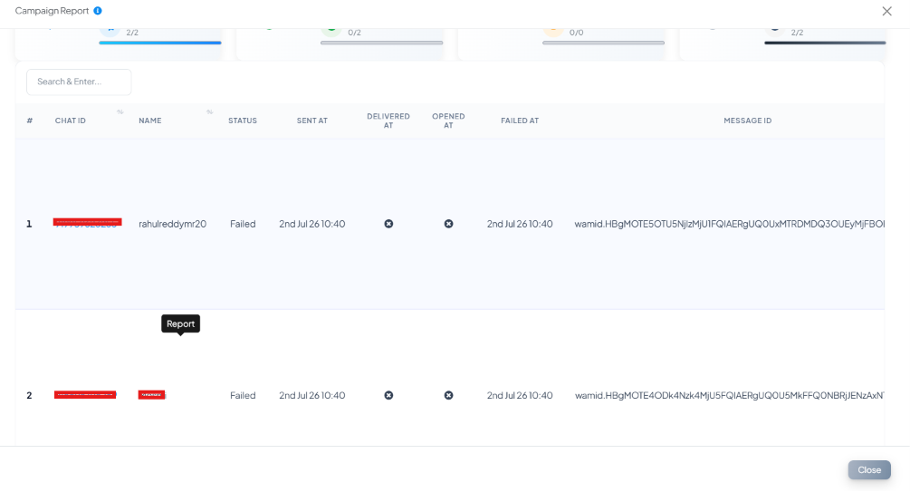 Campaign Report recipient table with columns for Chat ID, Name, Status, Sent At, Delivered At, Opened At, Failed At, and Message ID